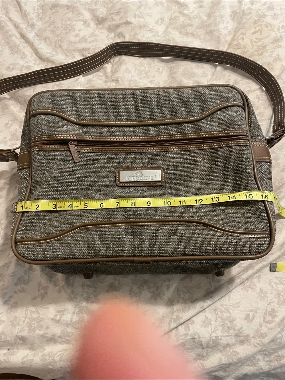 Jordache vintage Grey Tweed Shoulder Bag with Tan Trim